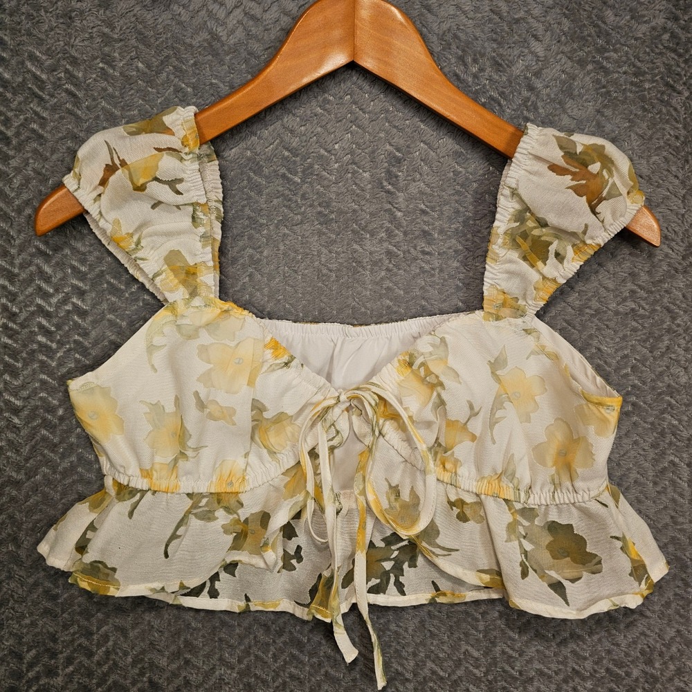 Coquette Floral Ruffle Crop Top Sweetheart Tie Front Smocked Back Cap Sleeve
